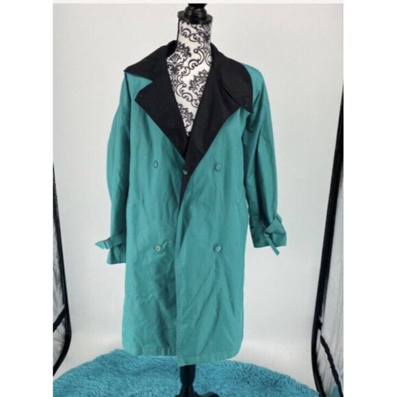 EUC London Fog Teal & Black Double Breasted Trench Coat Women’s Size 8 Rain Jack - Picture 2 of 9